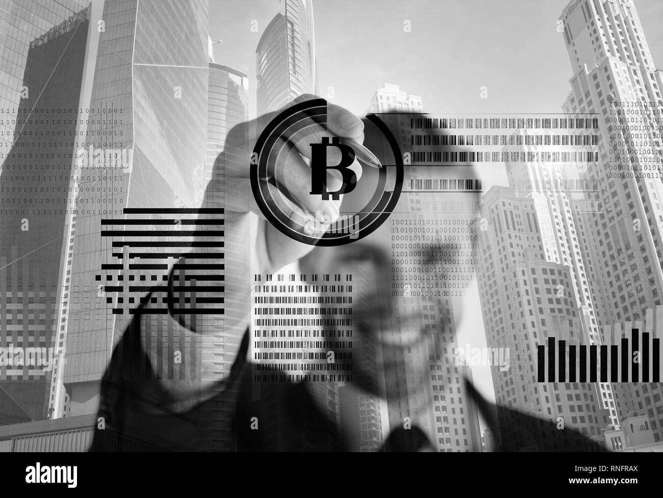 Man Interact Virtual Display Business Graphics Create Bitcoin - 